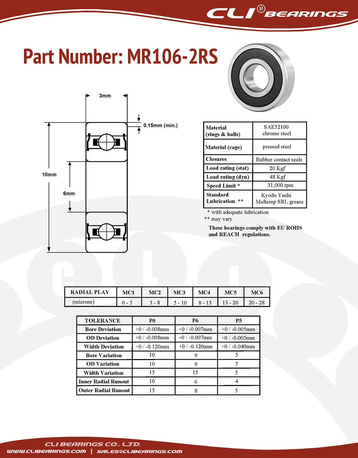 Original mr106 2rs miniature bearing 6x10x3mm double sealed chrome aisi52100   cli bearings co ltd nw