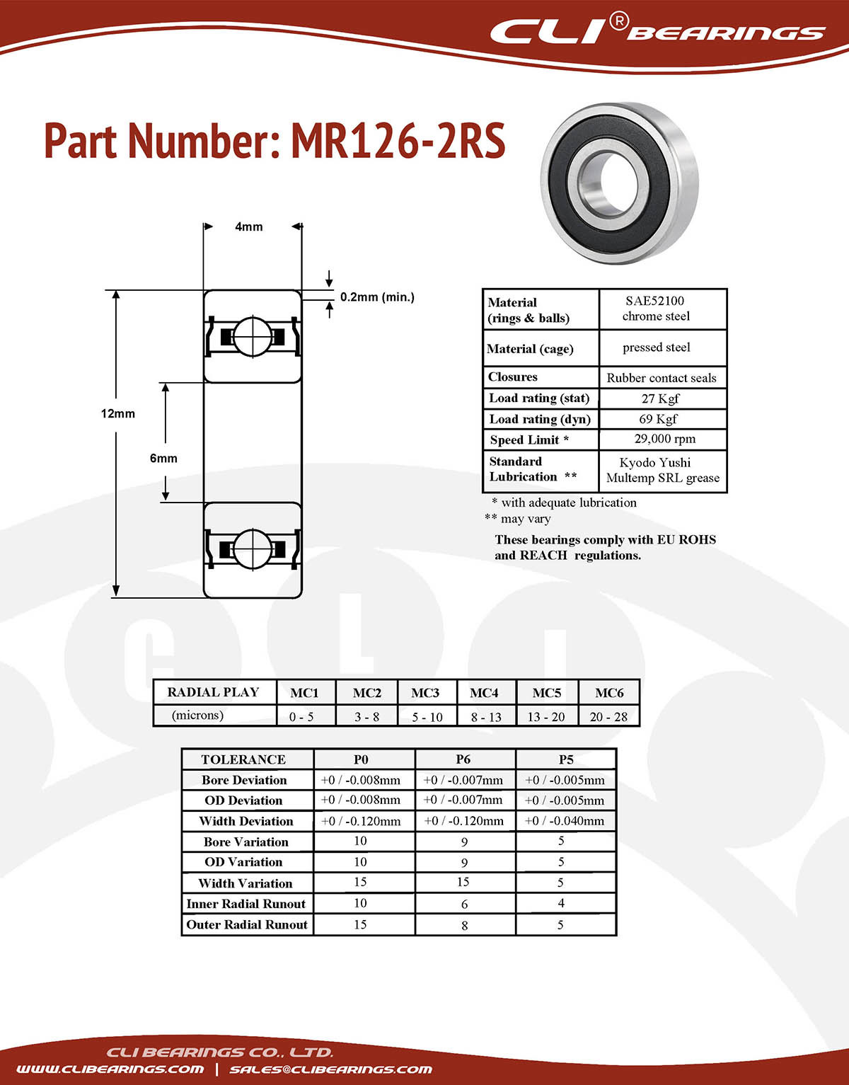 Original mr126 2rs miniature bearing 6x12x4mm double sealed chrome aisi52100   cli bearings co ltd nw