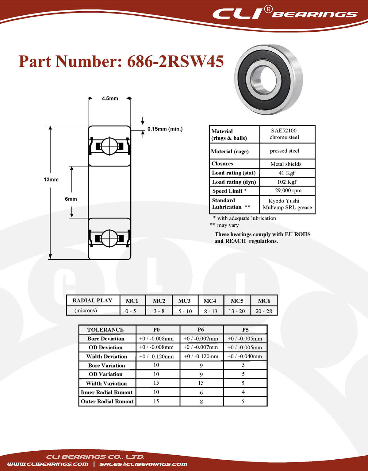 Original 686 2rsw45 miniature bearing 6x13x4 5mm double sealed chrome aisi52100   cli bearings co ltd nw