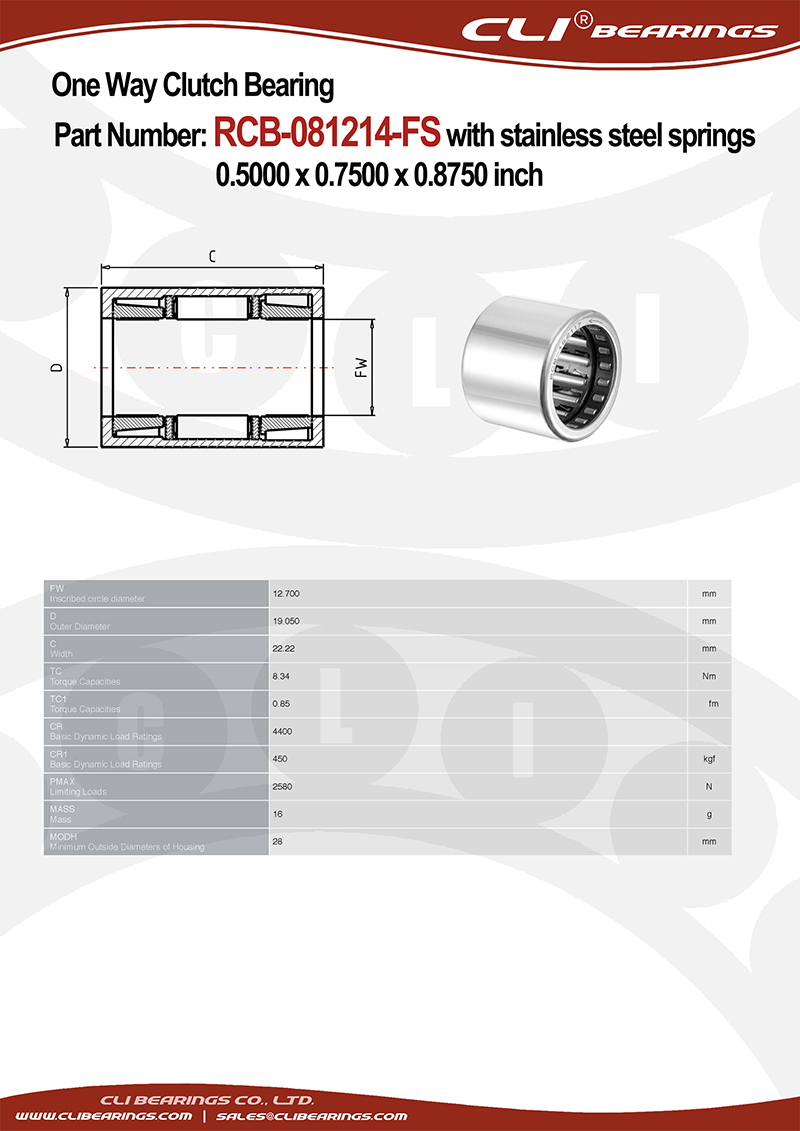 Original rcb 081214 fs 0 5000 x 0 7500 x 0 8750 inch one way roller clutch and bearing assembly with stainless steel springs   cli bearings co ltd nw