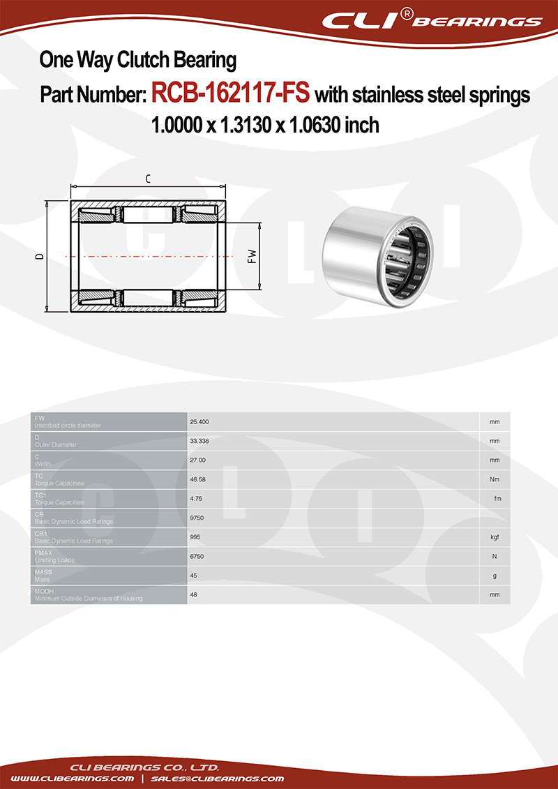 Original rcb 162117 fs 1 0000 x 1 3130 x 1 0630 inch one way roller clutch and bearing assembly with stainless steel springs   cli bearings co ltd nw