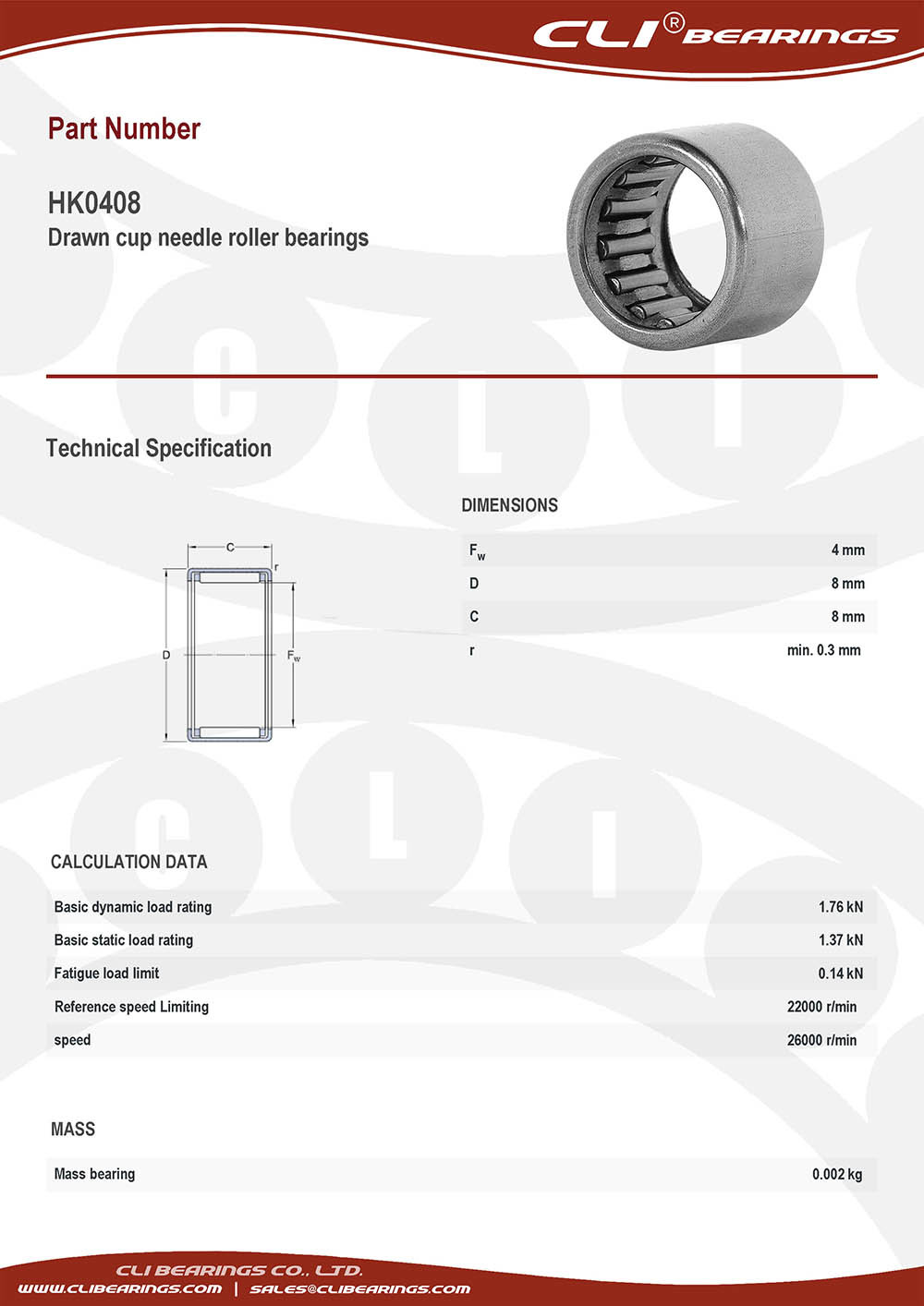 Original hk0408 drawn cup needle roller bearings 4x8x8 mm cli bearings co ltd nw