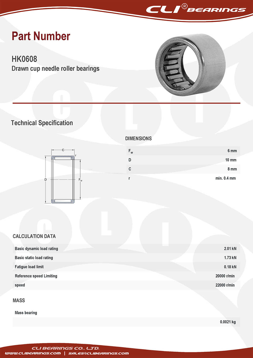 Original hk0608 drawn cup needle roller bearings 6x10x8 mm cli bearings co ltd nw