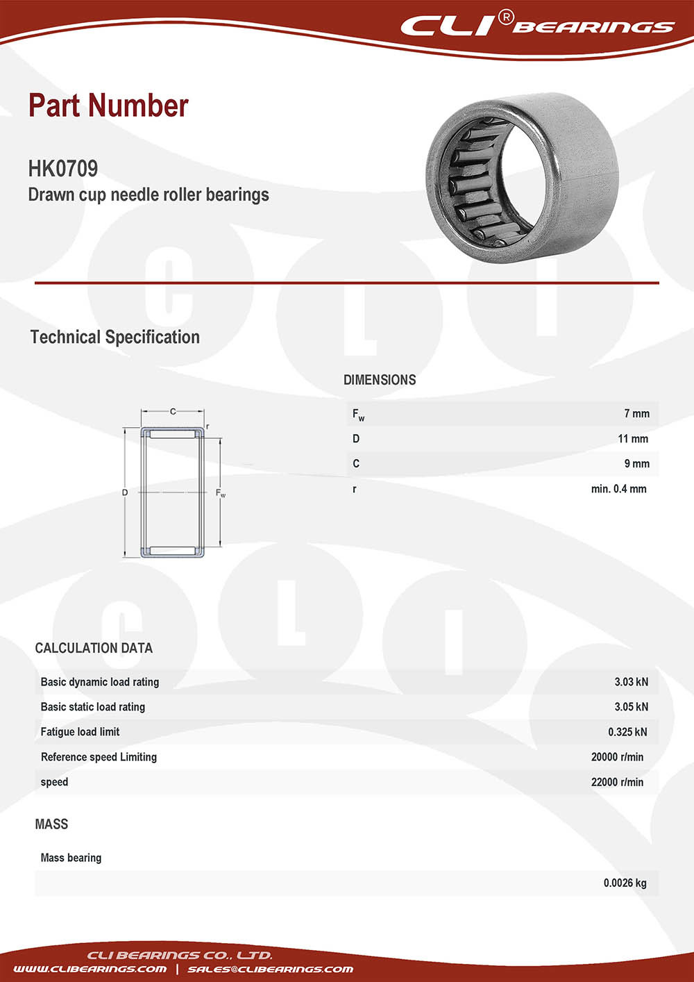 Original hk0709 drawn cup needle roller bearings 7x11x9 mm cli bearings co ltd nw