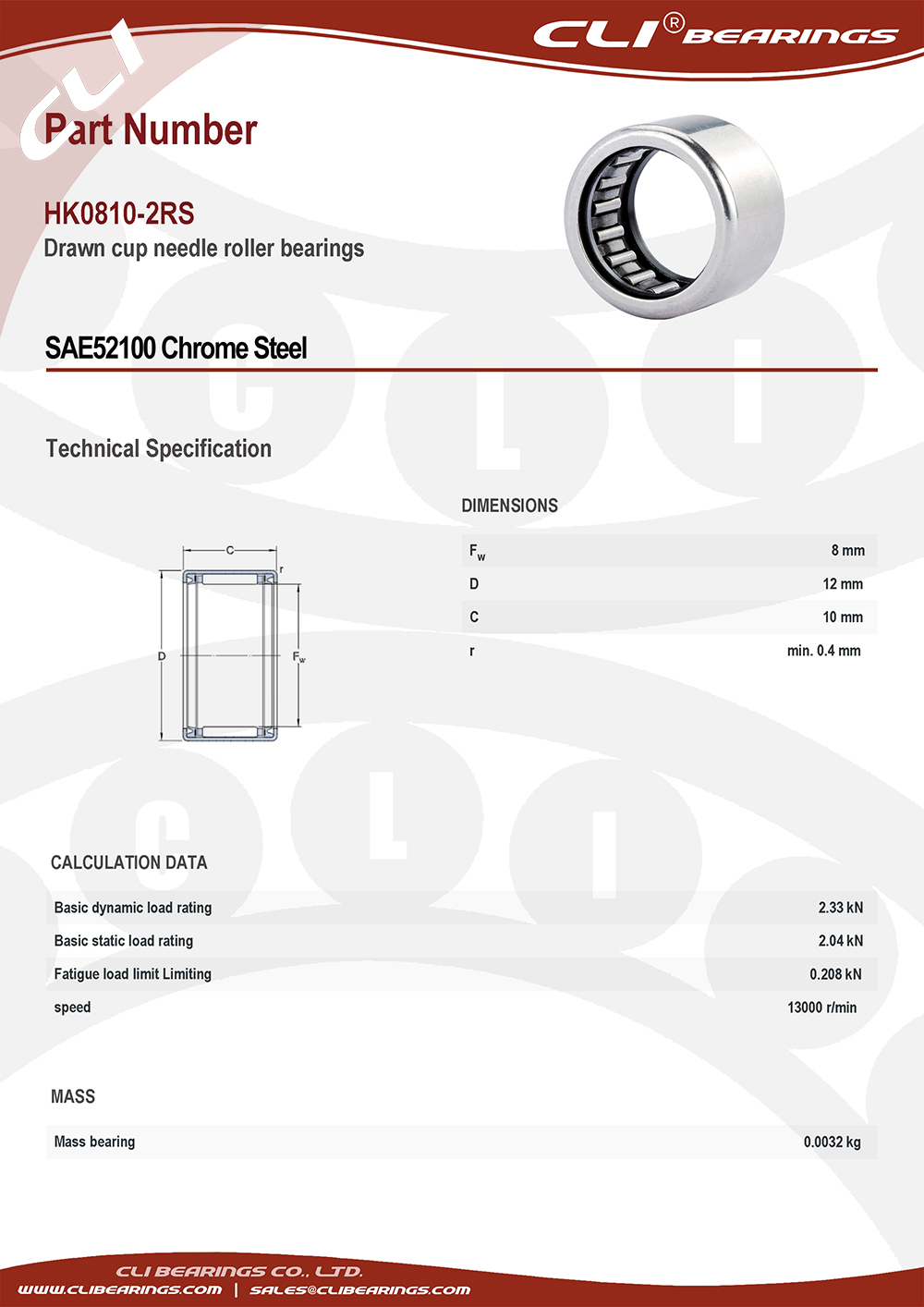 Original hk0810 2rs drawn cup needle roller bearings 8x12x10 mm cli bearings co ltd nw