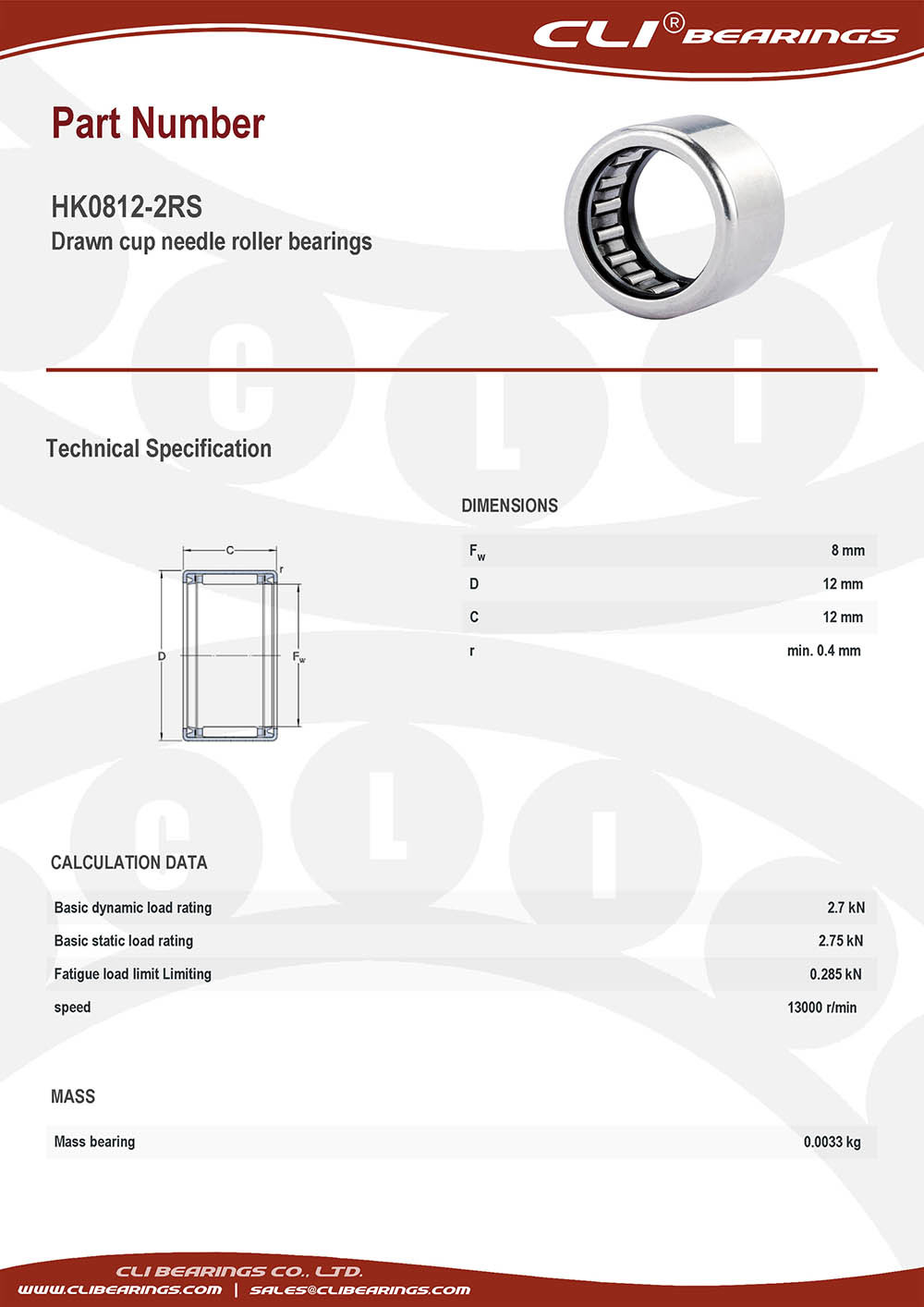 Original hk0812 2rs drawn cup needle roller bearings 8x12x12 mm cli bearings co ltd nw