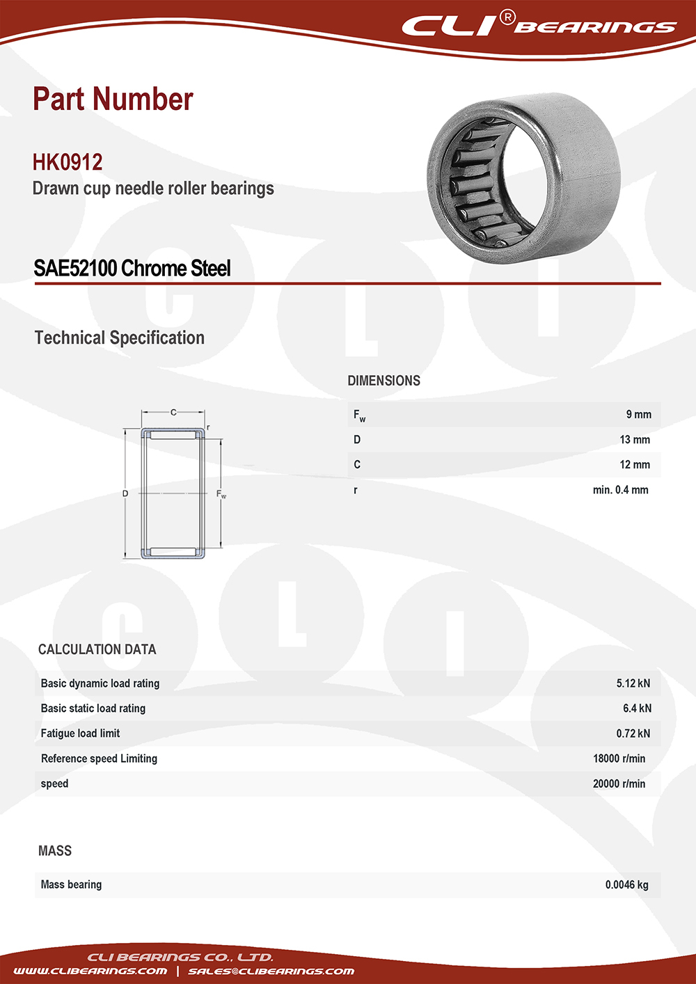 Original hk0912 drawn cup needle roller bearings 9x13x12 mm cli bearings co ltd nw