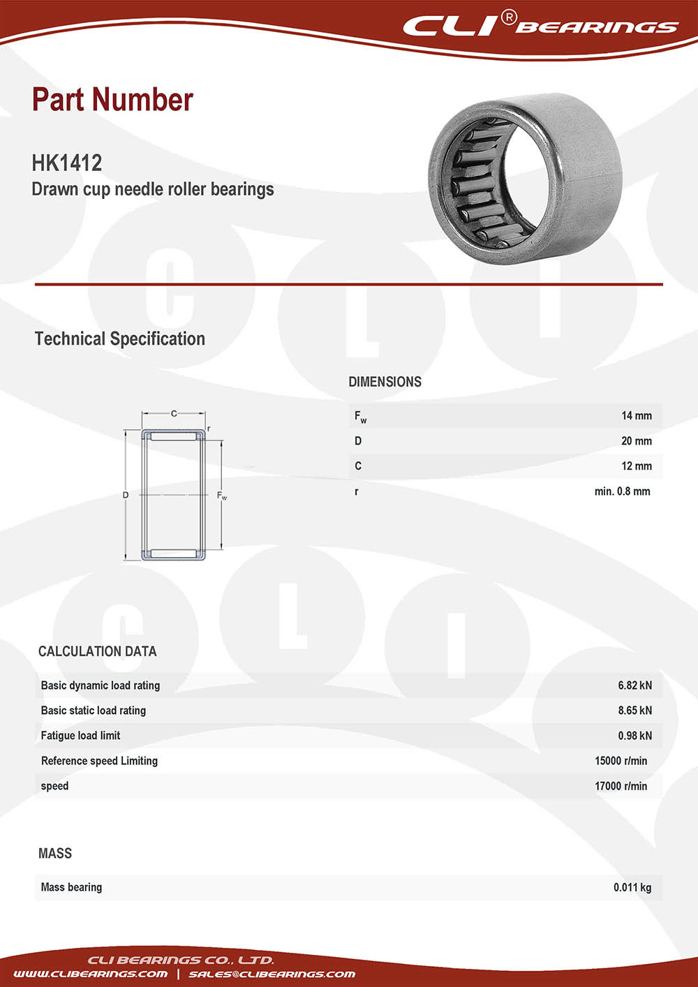Original hk1412 drawn cup needle roller bearings 14x20x12 mm cli bearings co ltd nw