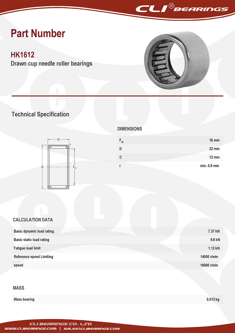 Original hk1612 drawn cup needle roller bearings 16x22x12 mm cli bearings co ltd nw