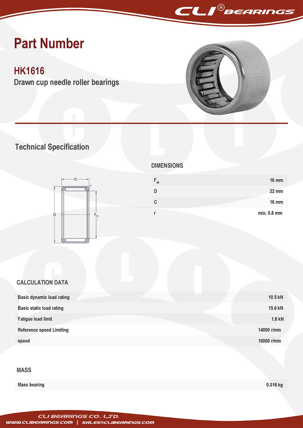 Original hk1616 drawn cup needle roller bearings 16x22x16 mm cli bearings co ltd nw