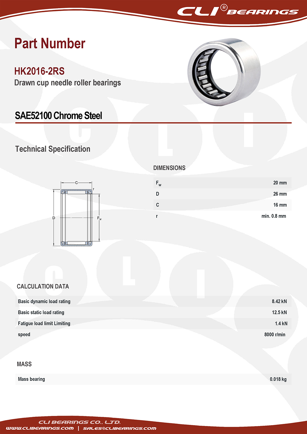 Original hk2016 2rs drawn cup needle roller bearings 20x26x16 mm cli bearings co ltd nw