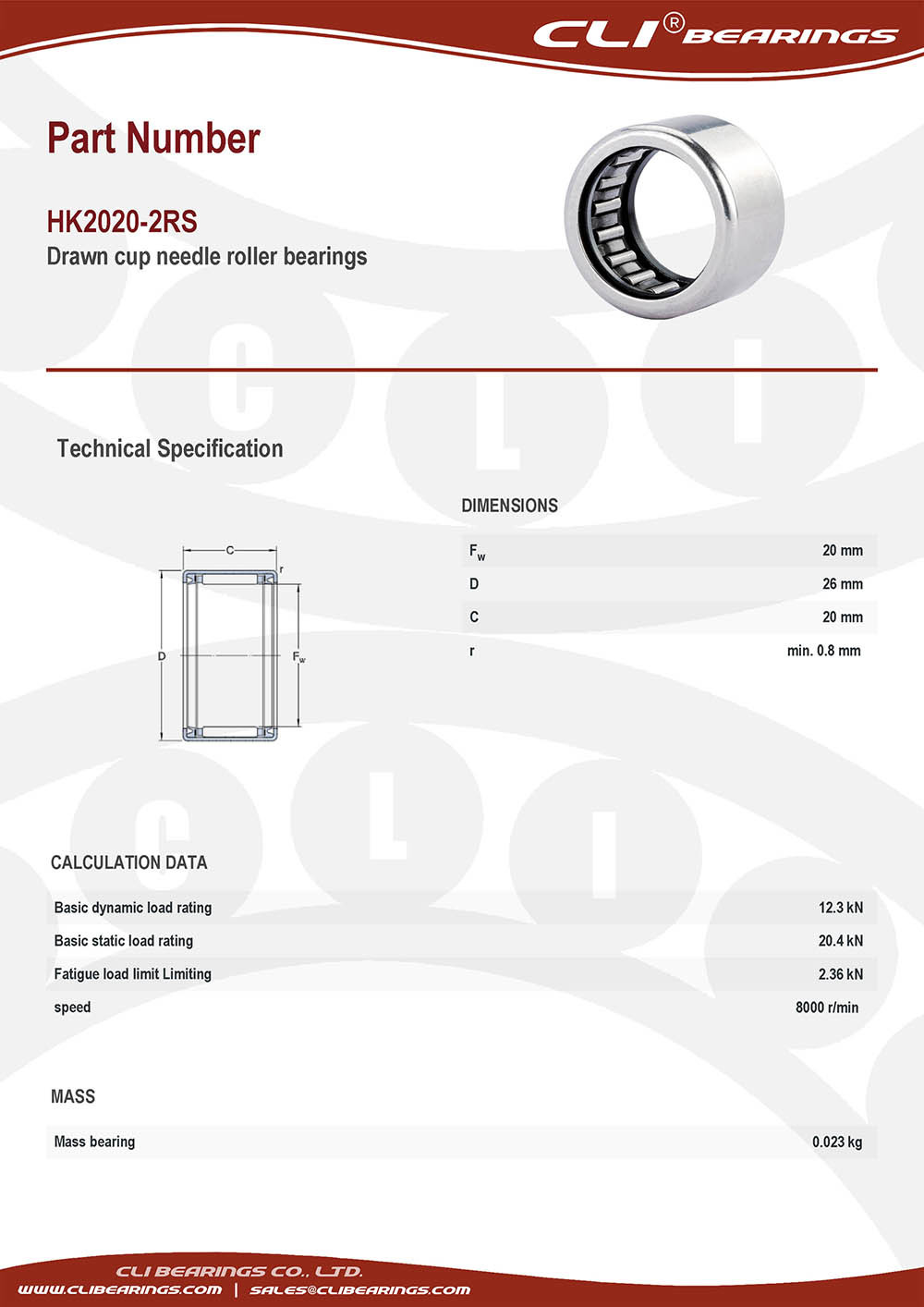 Original hk2020 2rs drawn cup needle roller bearings 20x26x20 mm cli bearings co ltd nw