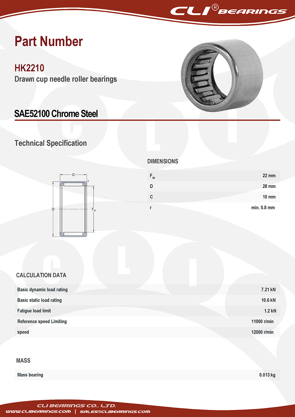 Original hk2210 drawn cup needle roller bearings 22x28x10 mm cli bearings co ltd nw