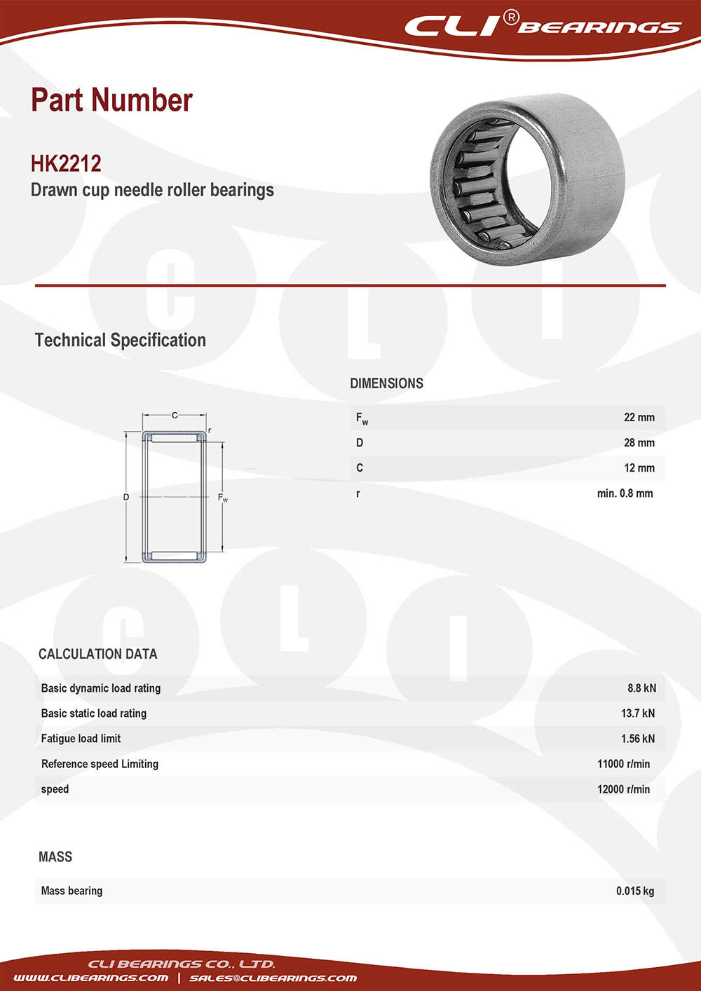 Original hk2212 drawn cup needle roller bearings 22x28x12 mm cli bearings co ltd nw