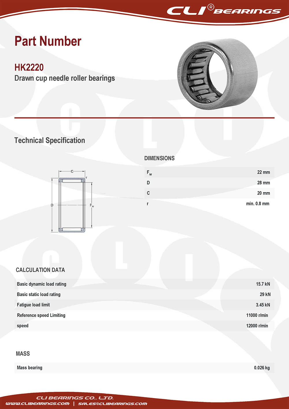 Original hk2220 drawn cup needle roller bearings 22x28x20 mm cli bearings co ltd nw