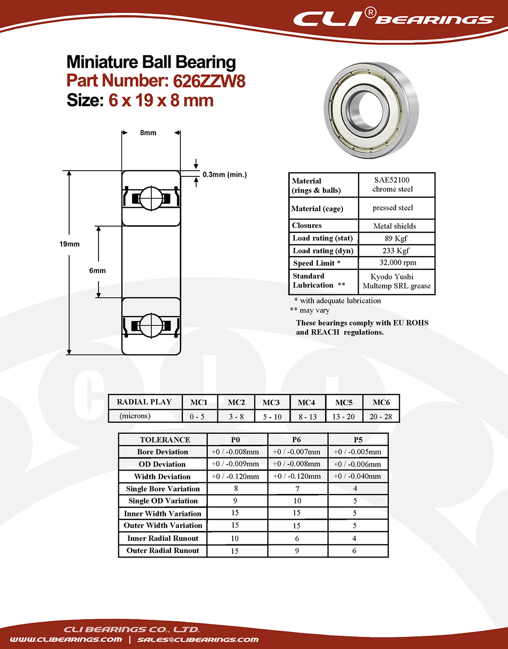 Original 626zzw8 miniature bearing 6x19x8mm nw