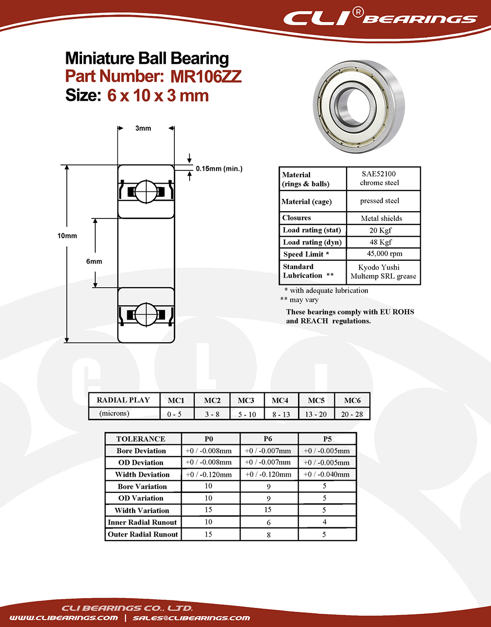 Original mr106zz miniature bearing 6x10x3mm nw