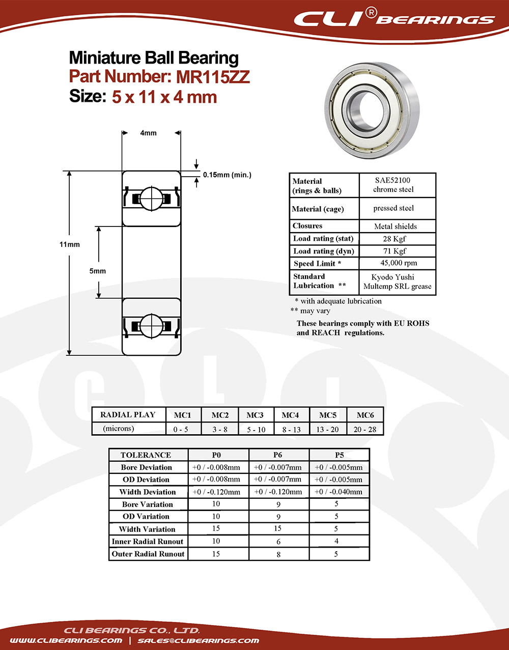 Original mr115zz miniature bearing 5x11x4mm nw