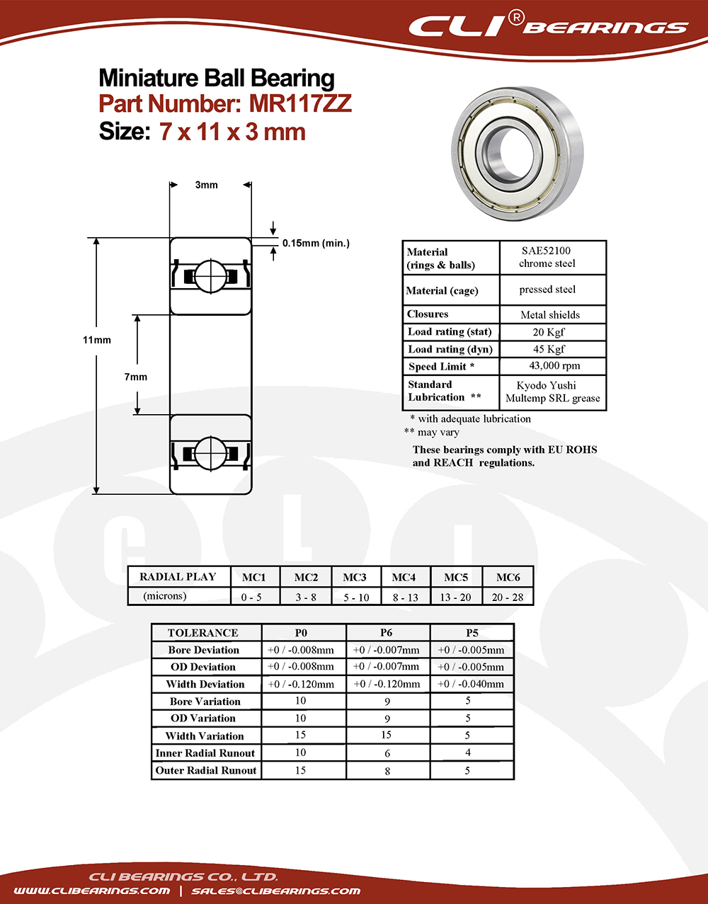 Original mr117zz miniature bearing 7x11x3mm nw