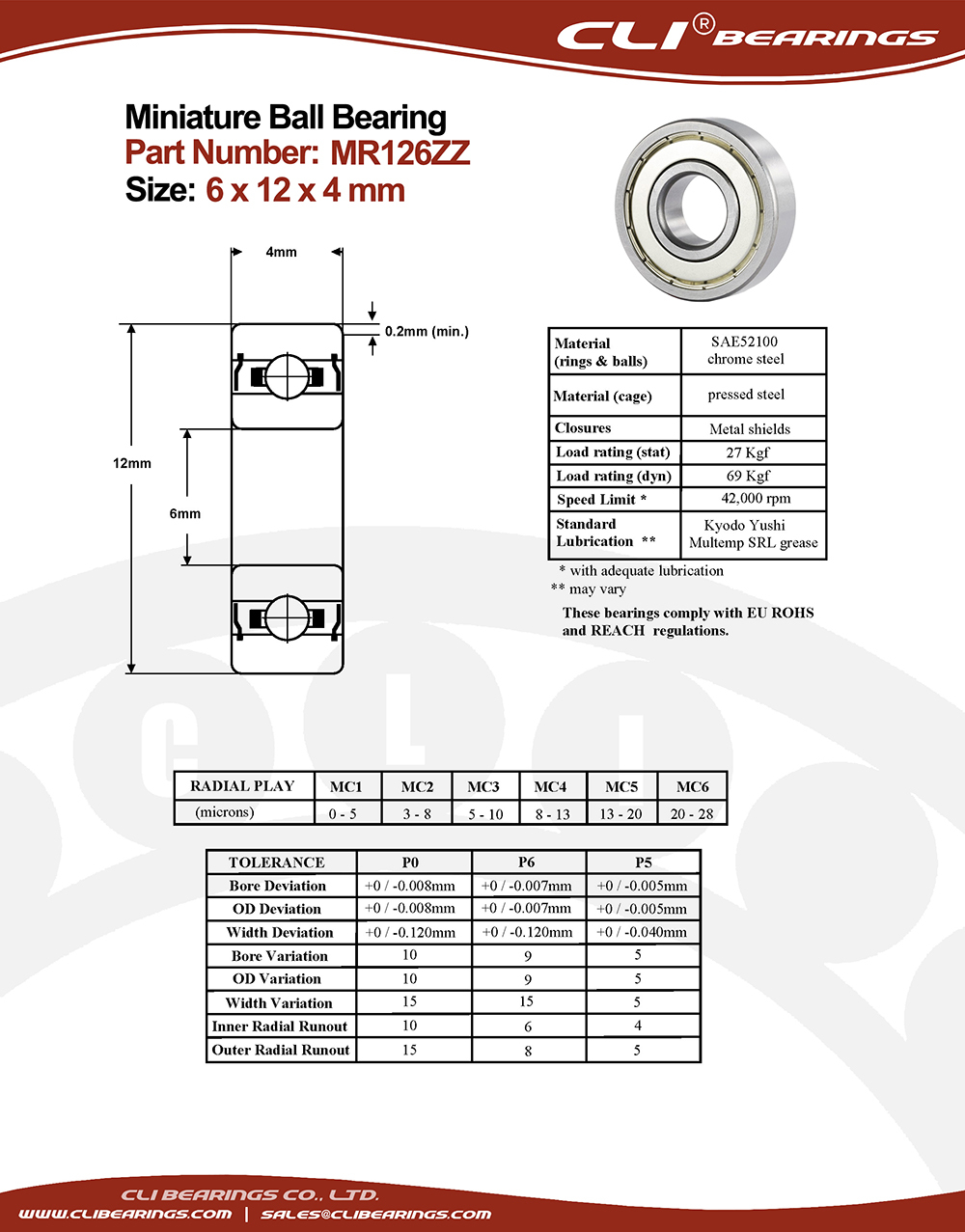 Original mr126zz miniature bearing 6x12x4mm nw