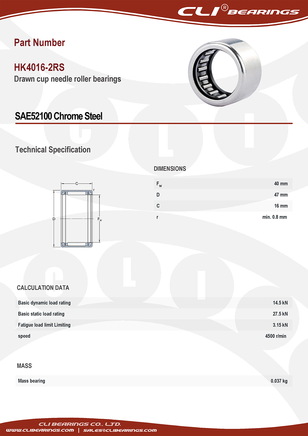 Original hk4016 2rs drawn cup needle roller bearings 40x47x16 mm cli bearings co ltd nw