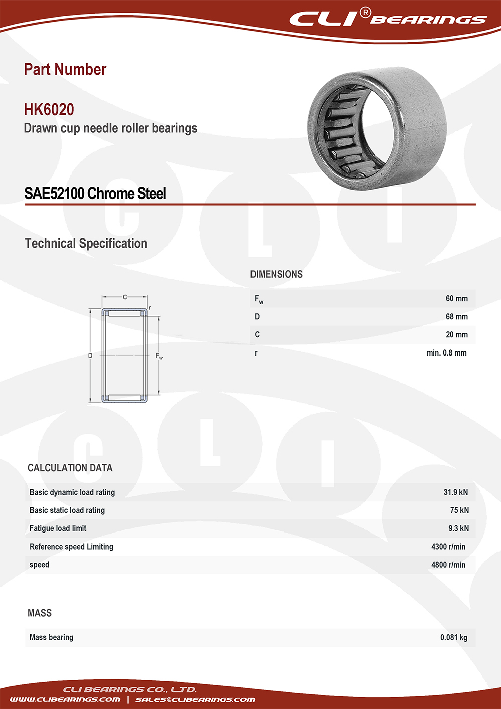 Original hk6020 drawn cup needle roller bearings 60x68x20 mm cli bearings co ltd nw