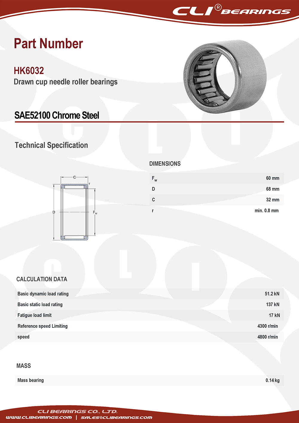 Original hk6032 drawn cup needle roller bearings 60x68x32 mm cli bearings co ltd nw