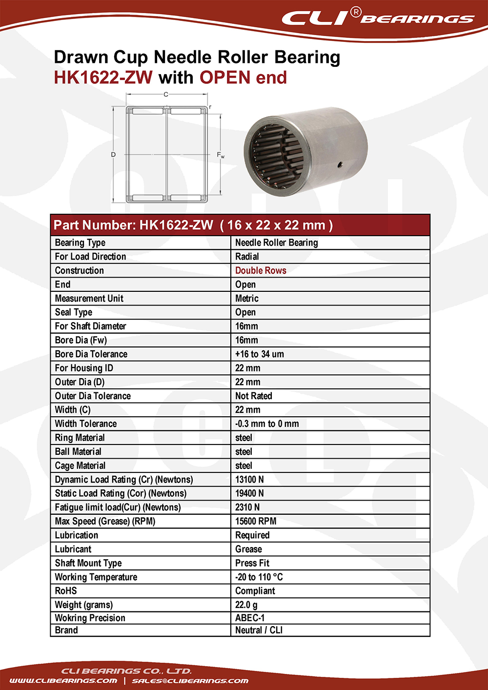 Original hk1622 zw drawn cup needle roller bearings 16x22x22 mm cli bearings co ltd nw