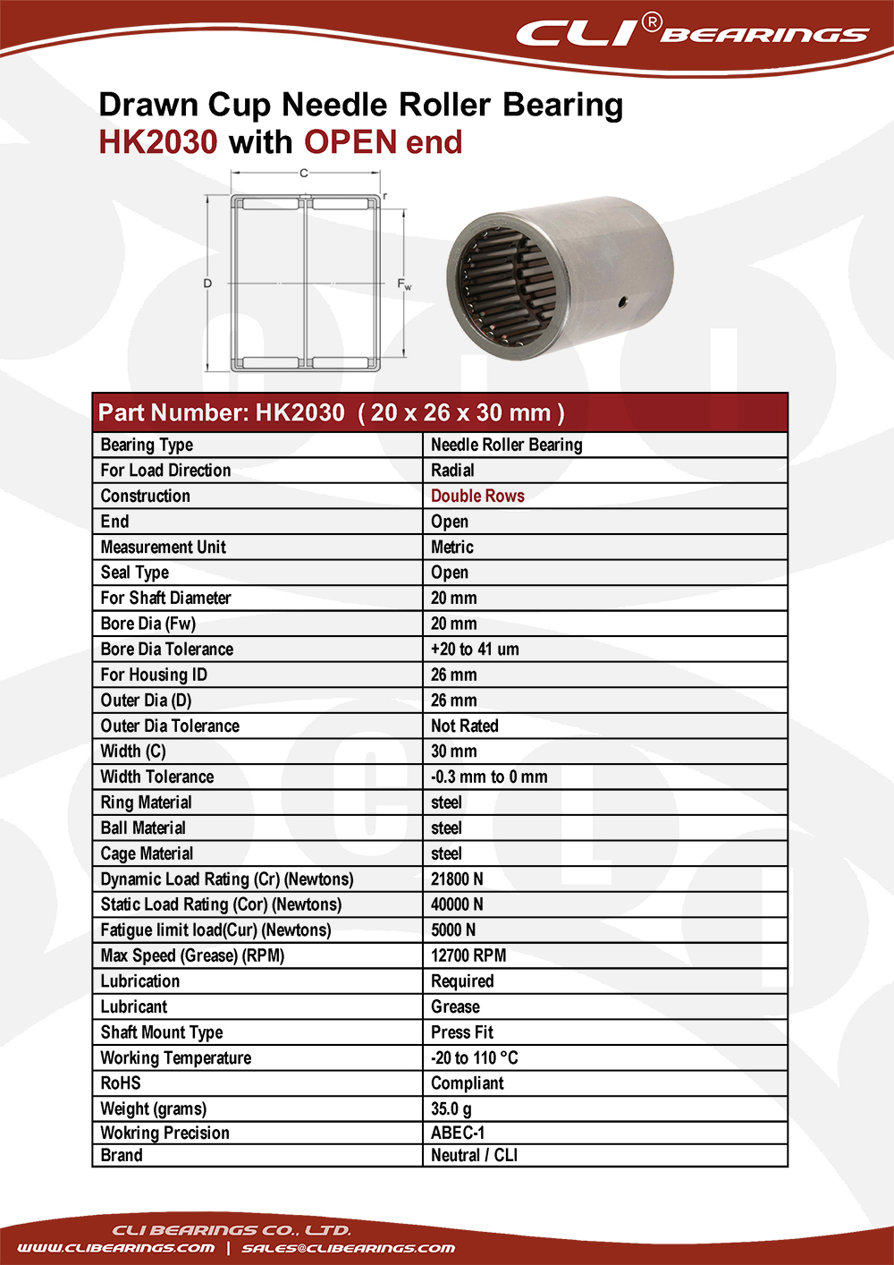 Original hk2030 drawn cup needle roller bearings 20x26x30 mm cli bearings co ltd nw