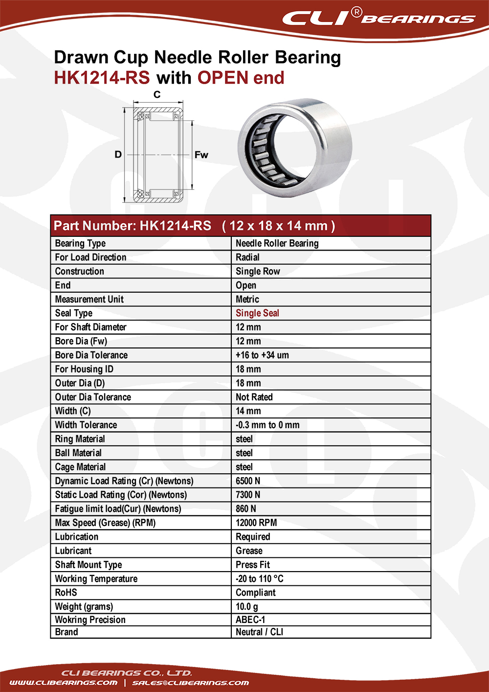 Original hk1214 rs 12x18x14 mm drawn cup needle roller bearings cli bearings co ltd nw