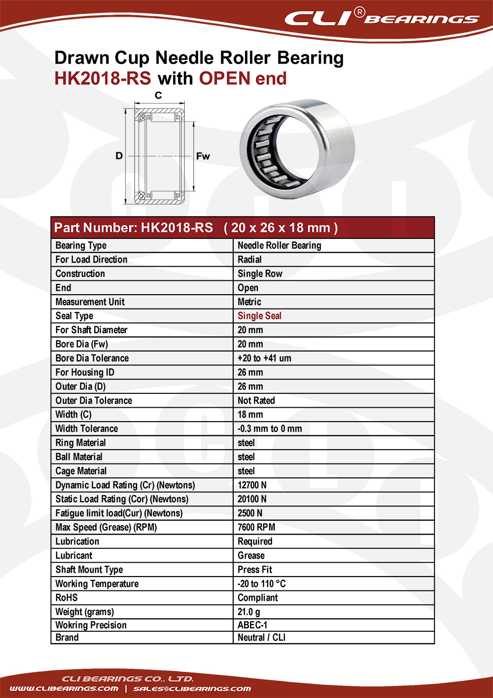 Original hk2018 rs 20x26x18 mm drawn cup needle roller bearings cli bearings co ltd nw