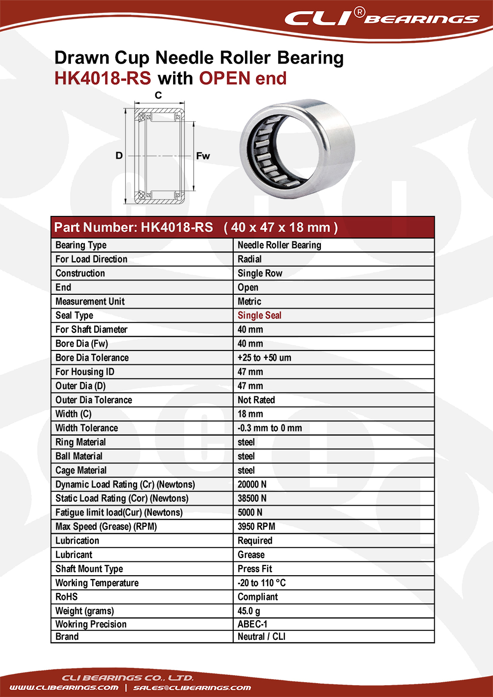 Original hk4018 rs 40x47x18 mm drawn cup needle roller bearings cli bearings co ltd nw