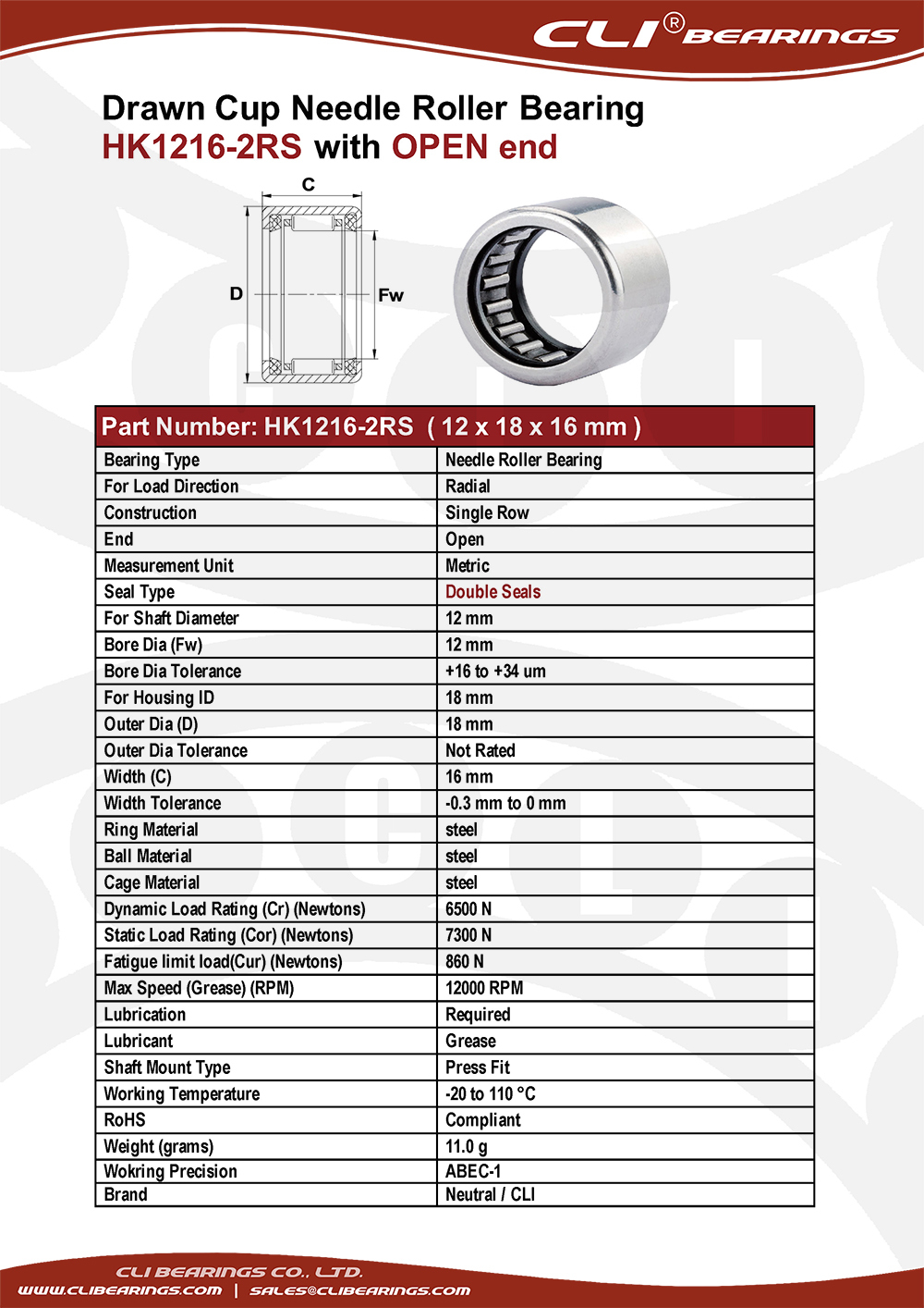 Original hk1216 2rs 12x18x16 mm drawn cup needle roller bearings cli bearings co ltd nw