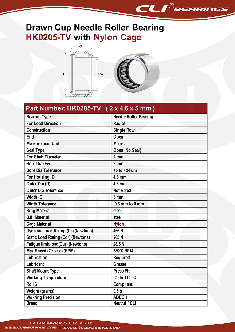 Original hk0205 tv 2x4 6x5 mm drawn cup needle roller bearings cli bearings co ltd nw