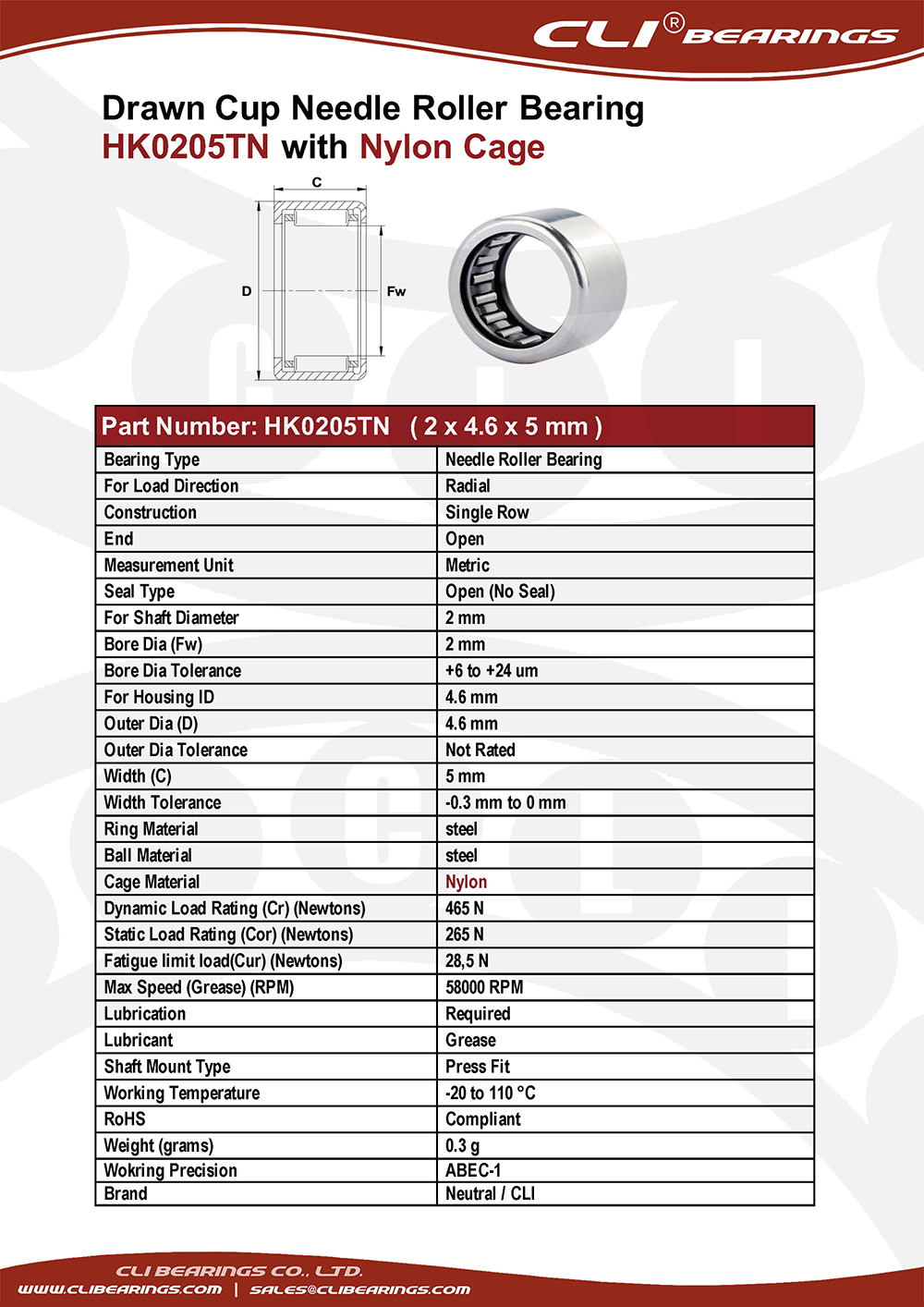 Original hk0205tn 2x4 6x5 mm drawn cup needle roller bearings cli bearings co ltd nw