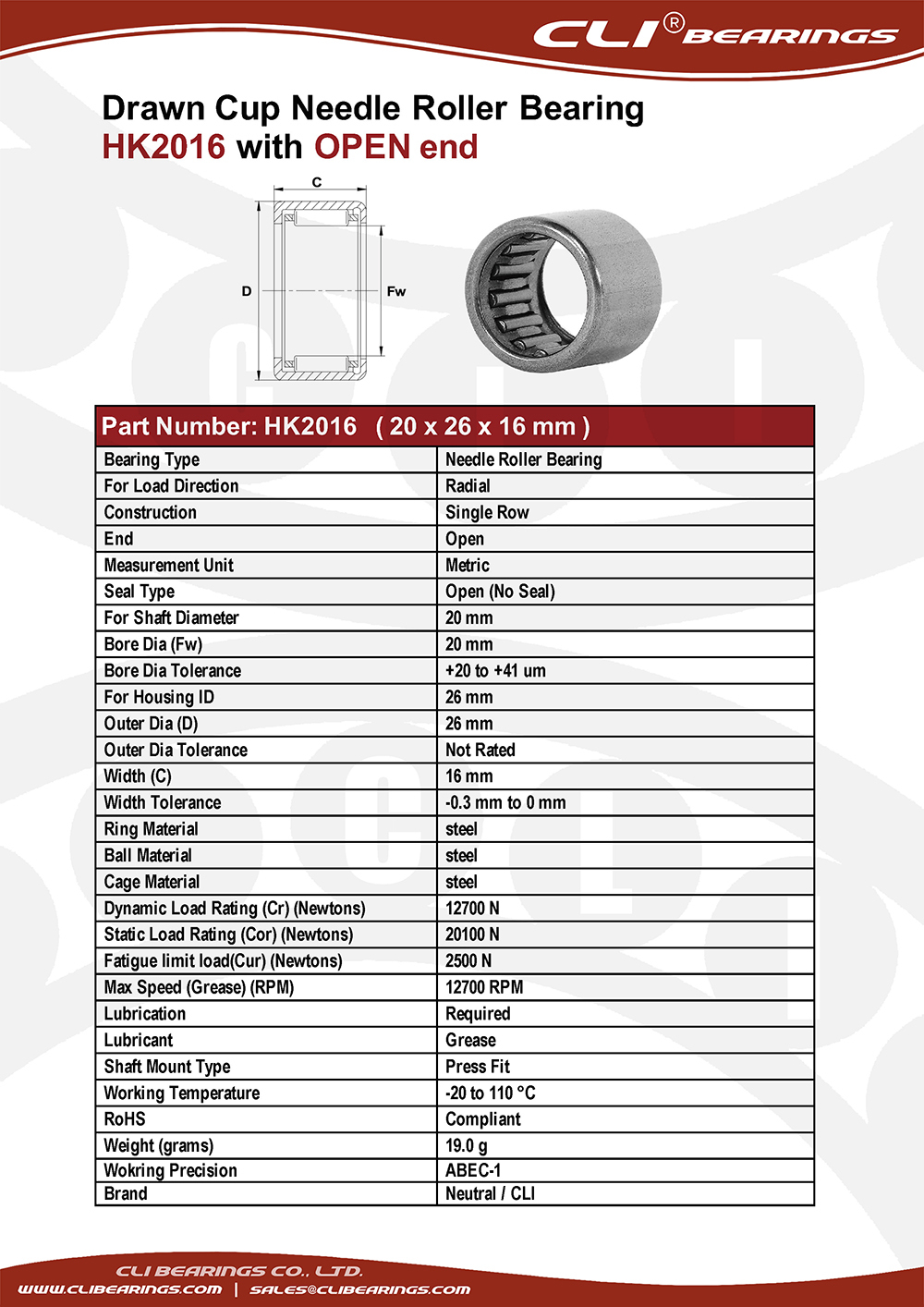 Original hk2016 20x26x16 mm drawn cup needle roller bearings cli bearings co ltd nw