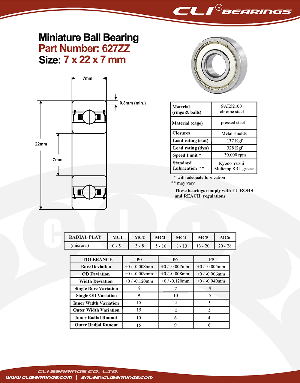 Original 627zz miniature bearing 7x22x7mm nw