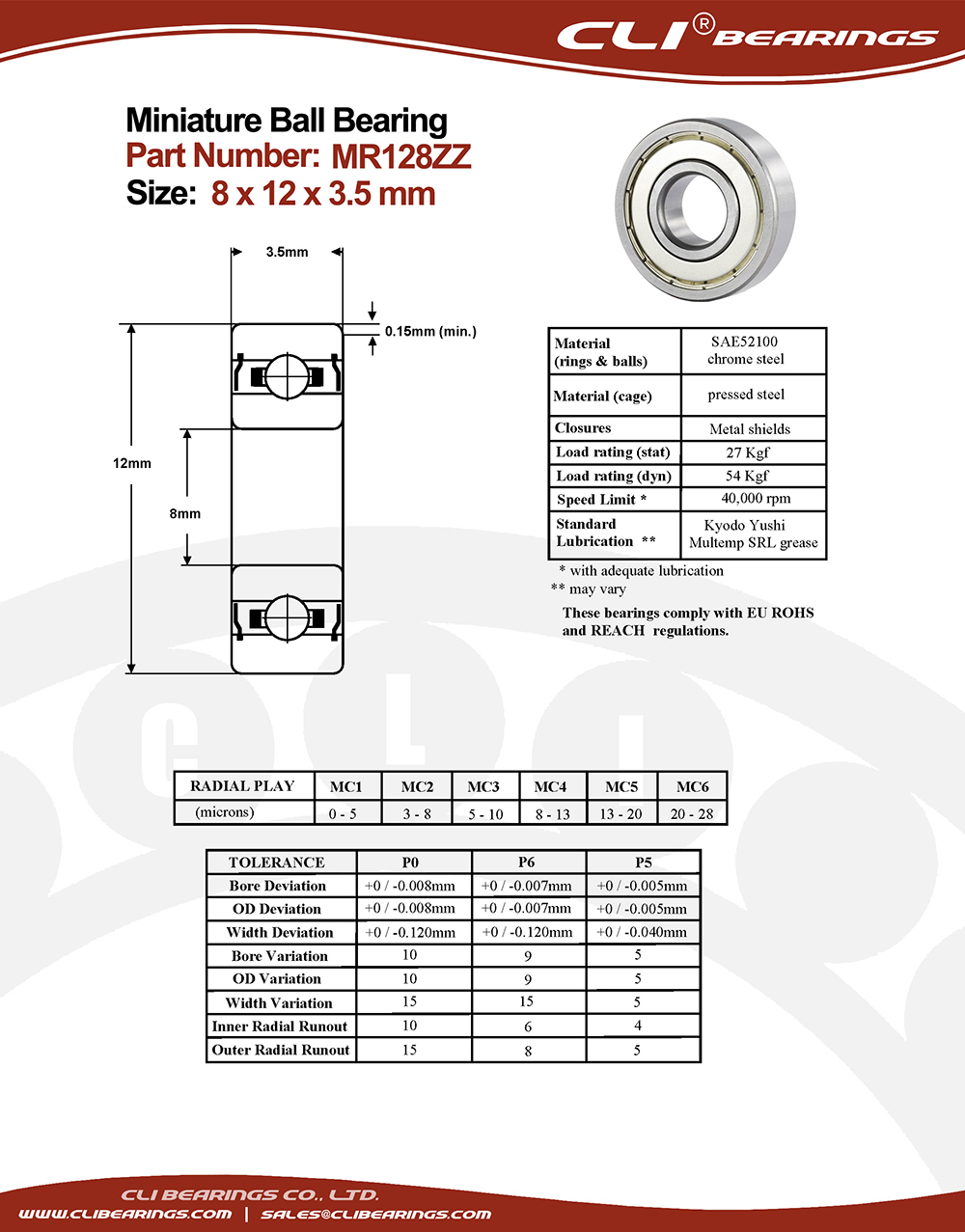 Original mr128zz miniature bearing 8x12x3 5mm nw