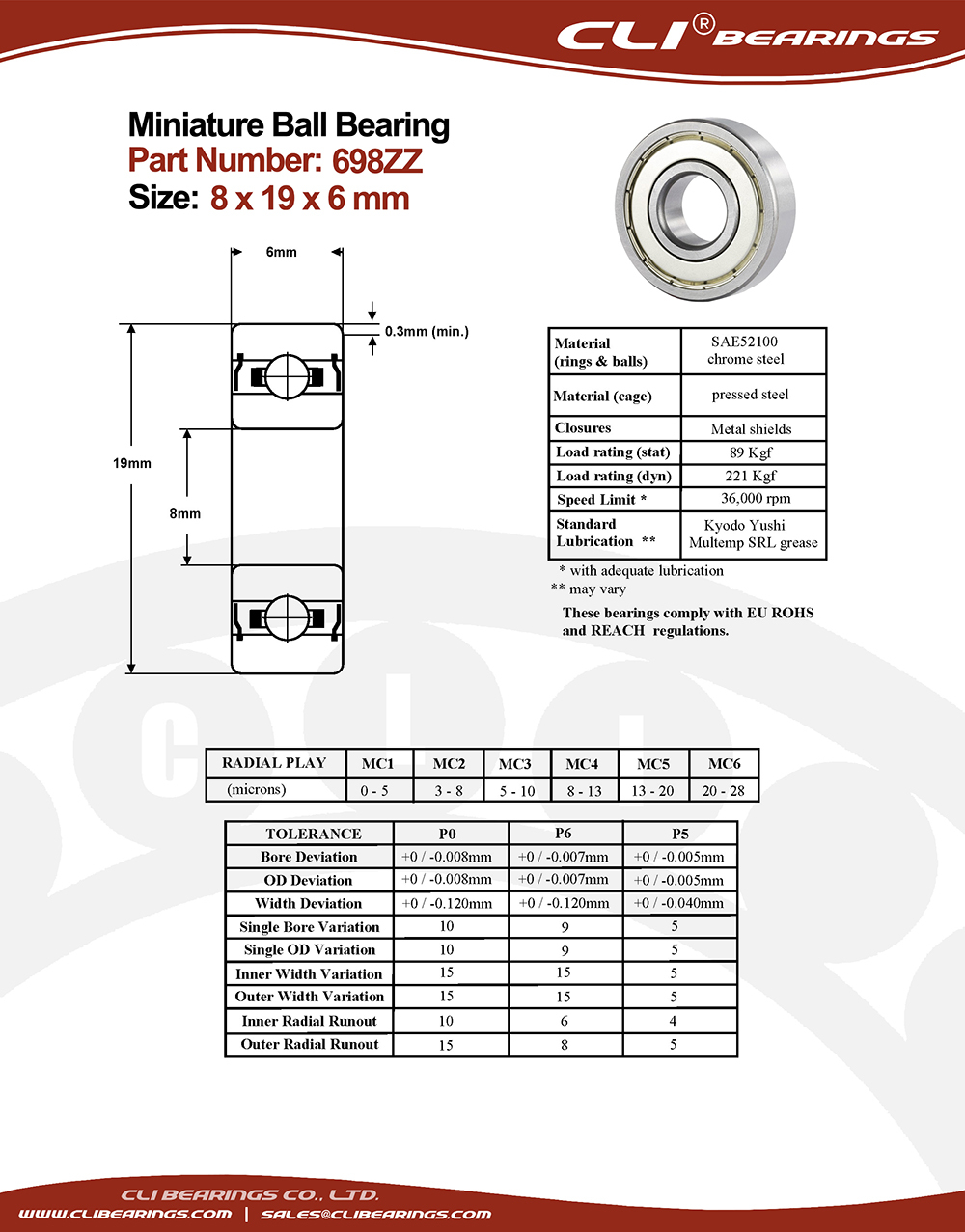 Original 698zz miniature bearing 8x19x6mm nw