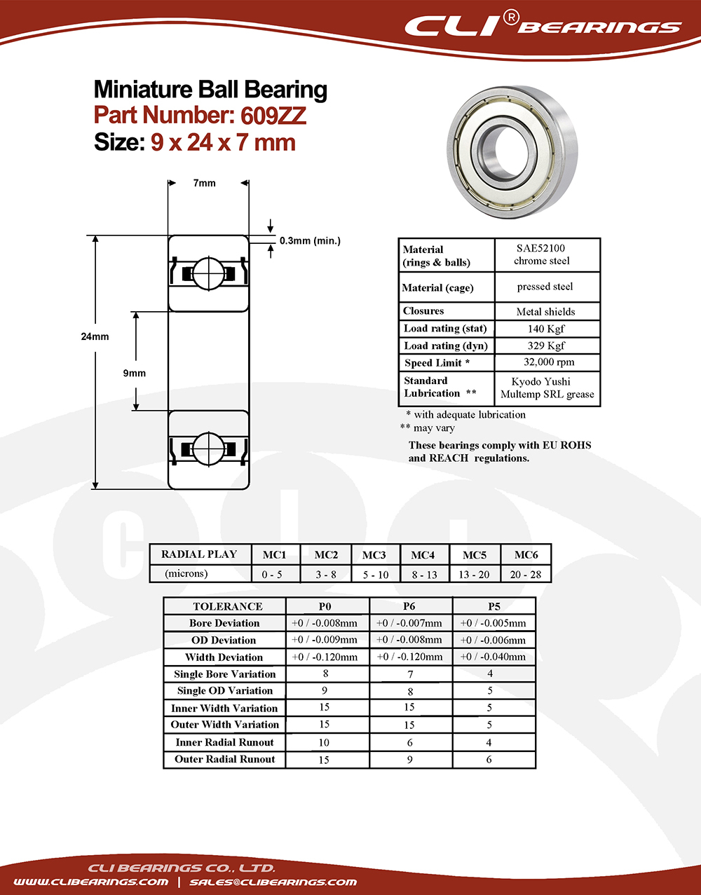 Original 609zz miniature bearing 9x24x7mm nw