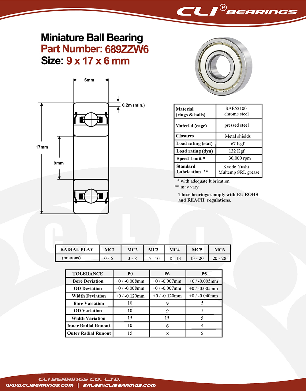 Original 689zzw6 miniature bearing 9x17x6mm nw