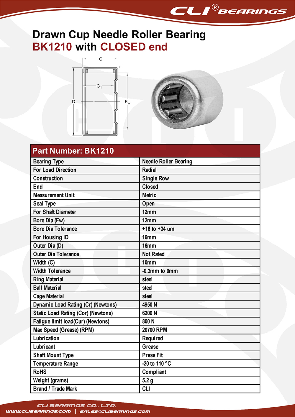 Original bk1210 12x16x10 mm drawn cup needle roller bearings cli bearings co ltd nw