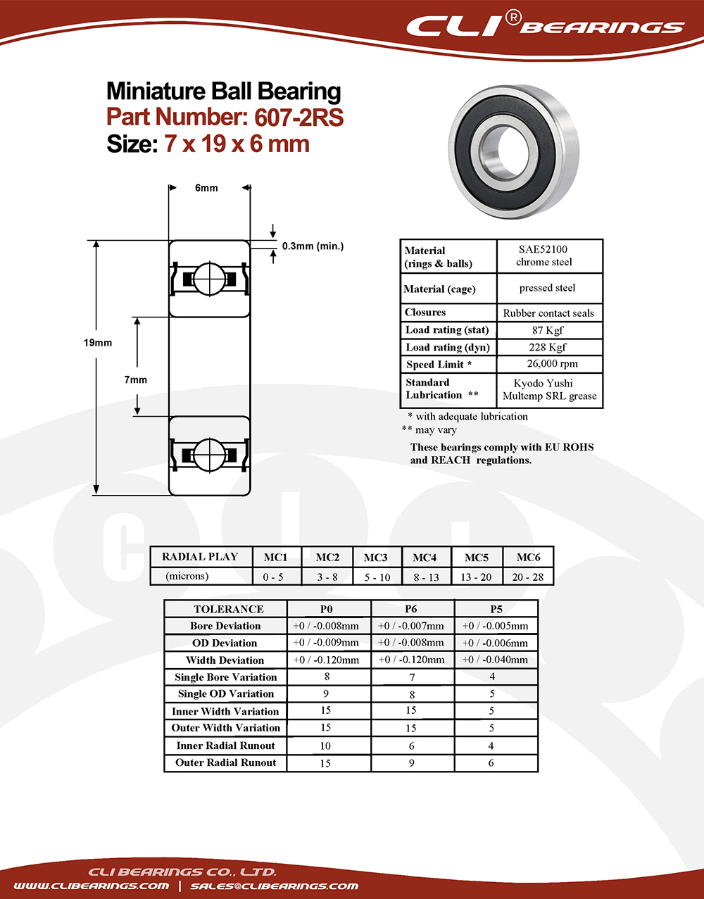 Original 607 2rs miniature bearing 7x19x6 mm double sealed chrome aisi52100   cli bearings co ltd nw