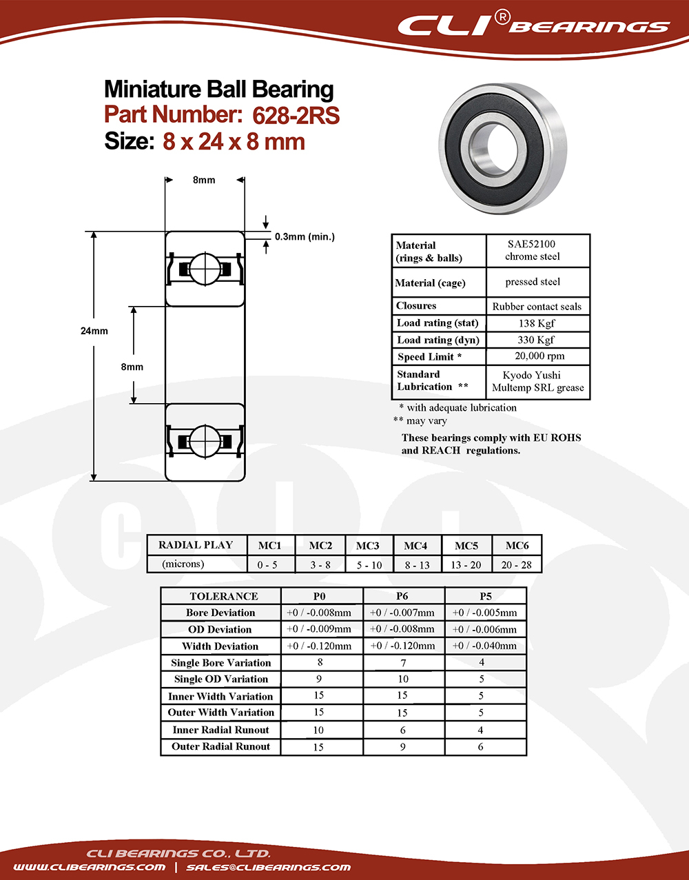 Original 628 2rs miniature bearing 8x24x8 mm double sealed chrome aisi52100   cli bearings co ltd nw