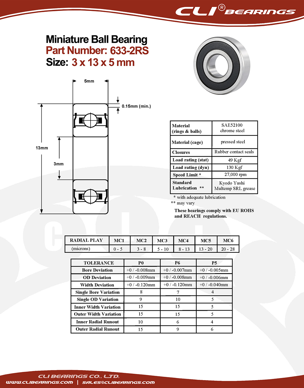 Original 633 2rs miniature bearing 3x13x5 mm double sealed chrome aisi52100   cli bearings co ltd nw