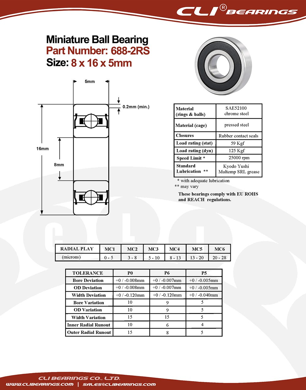 Original 688 2rs miniature bearing 8x16x5 mm double sealed chrome aisi52100   cli bearings co ltd nw