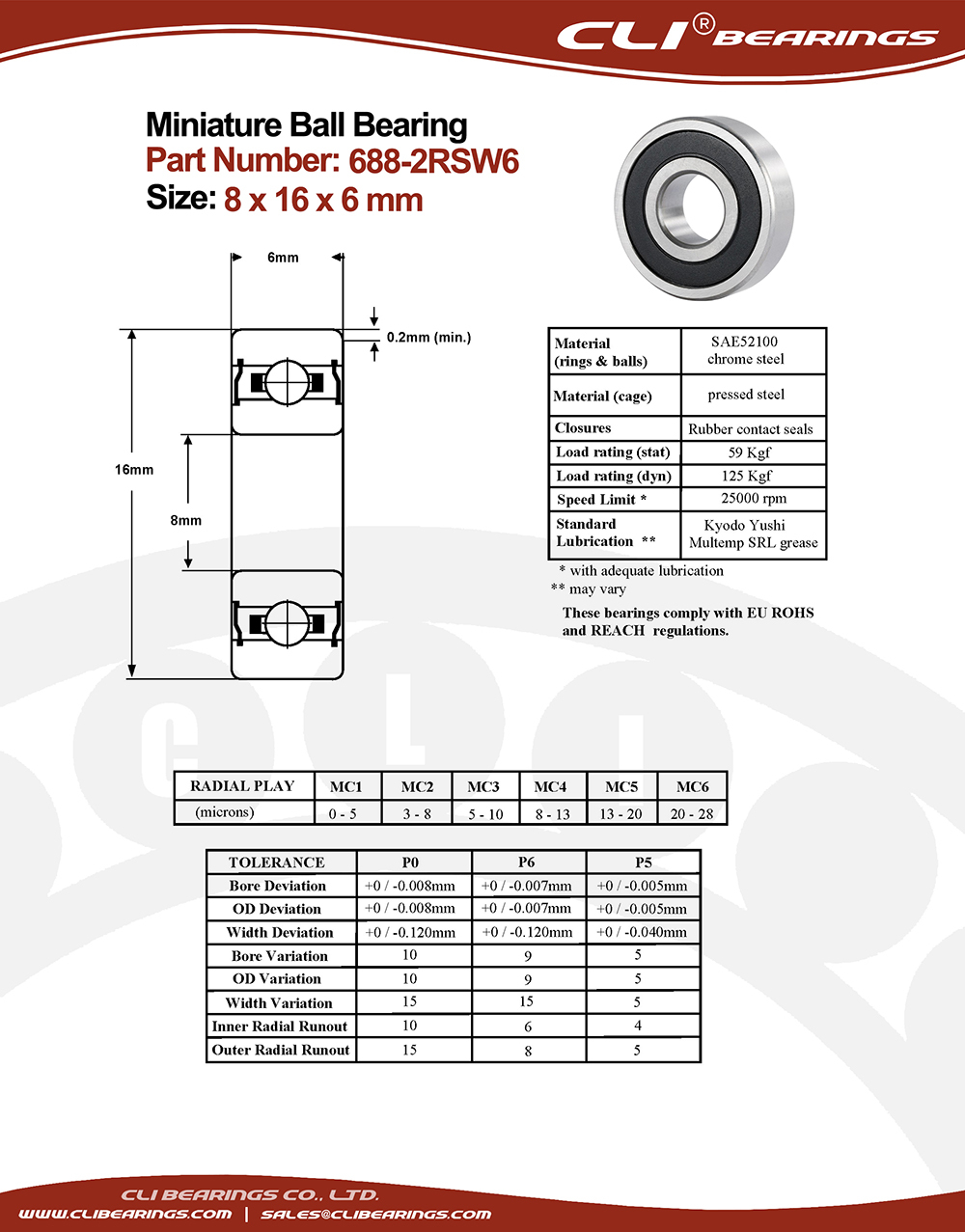 Original 688 2rsw6 miniature bearing 8x16x6 mm double sealed chrome aisi52100   cli bearings co ltd nw