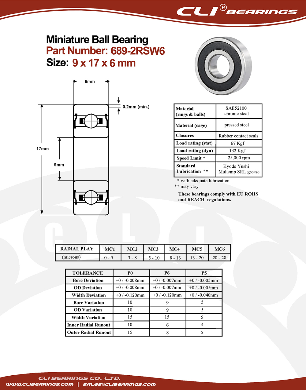 Original 689 2rsw6 miniature bearing 9x17x6 mm double sealed chrome aisi52100   cli bearings co ltd nw