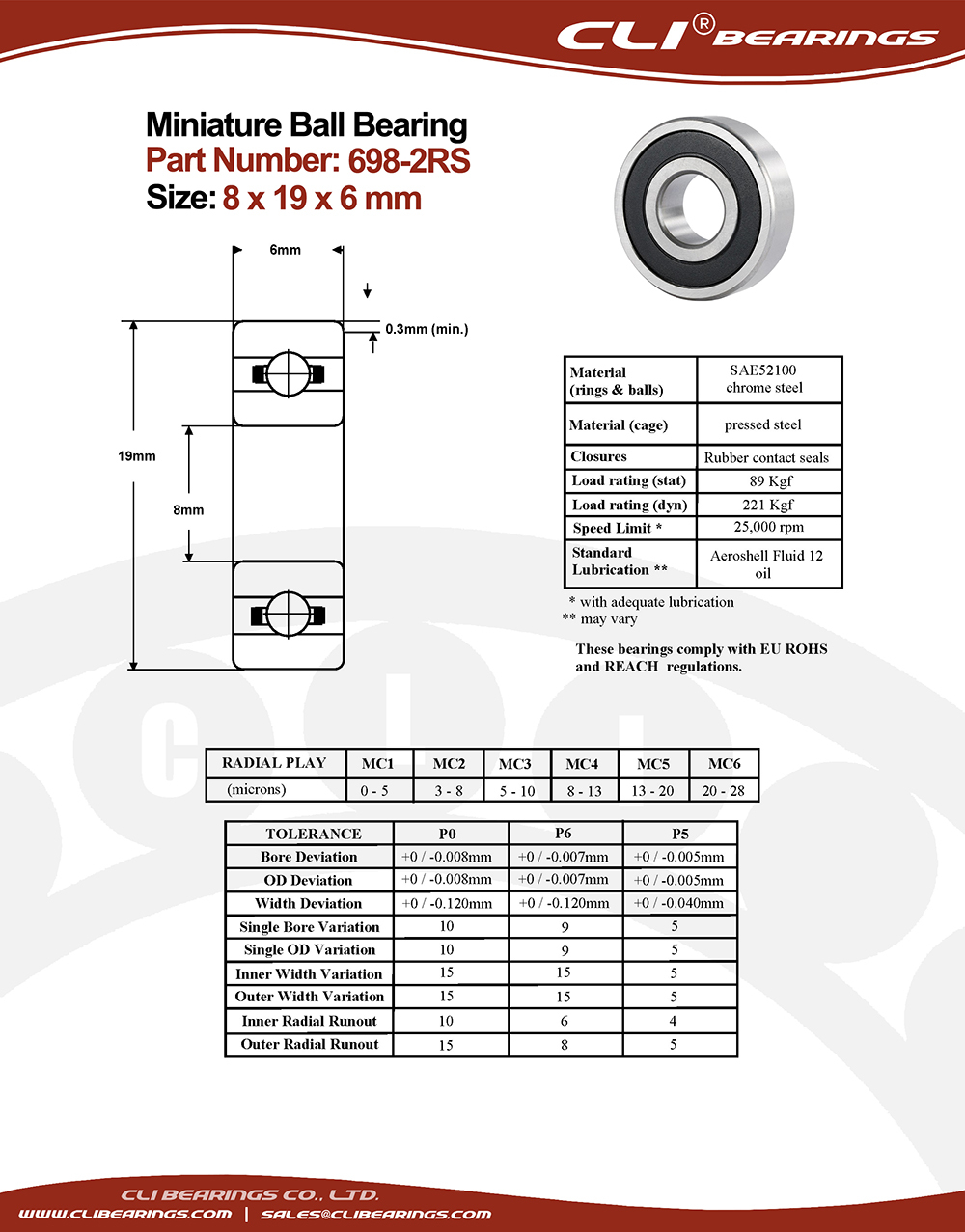 Original 698 2rs miniature bearing 8x19x6 mm double sealed chrome aisi52100   cli bearings co ltd nw