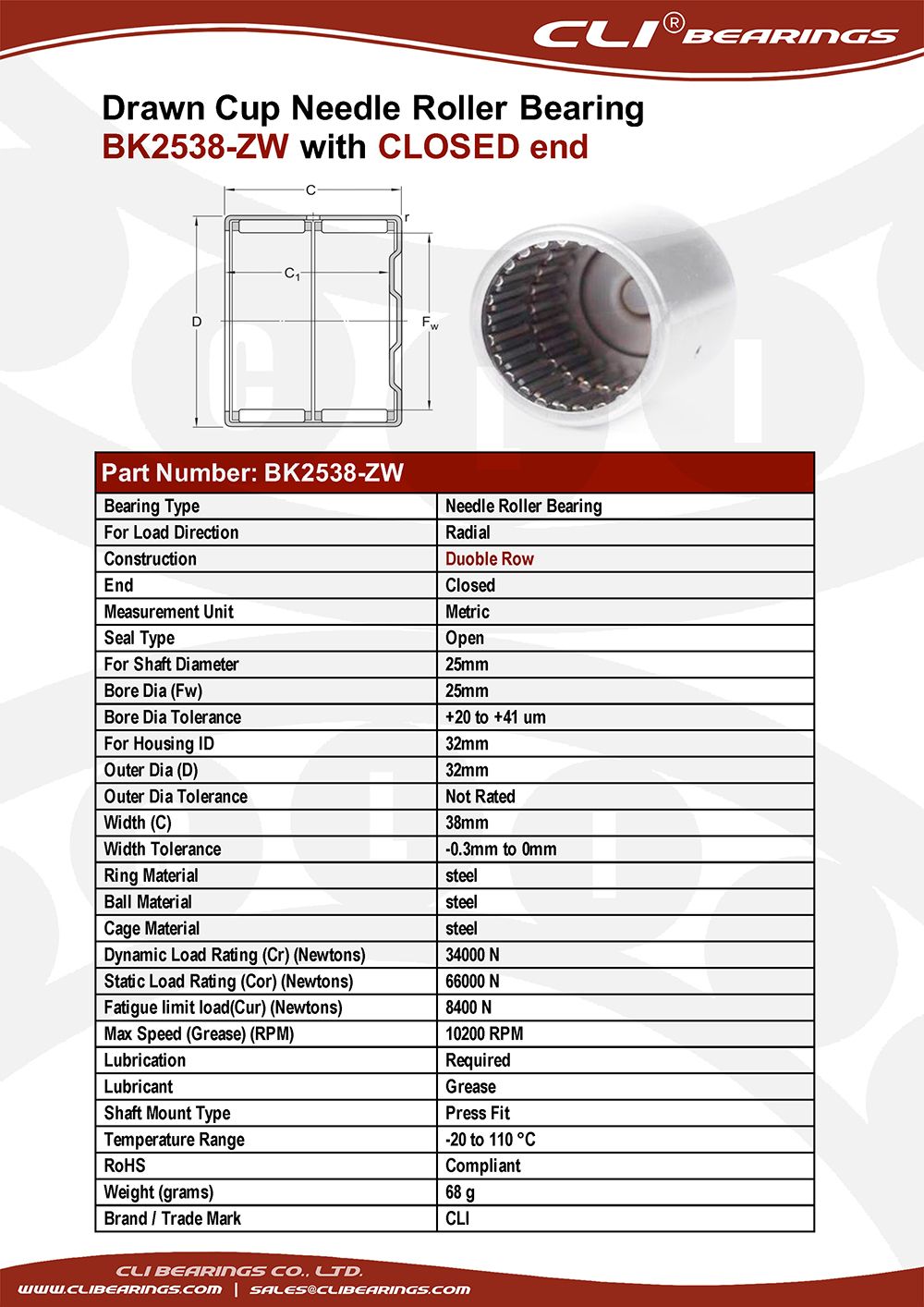 Original bk2538 zw 25x32x38 mm drawn cup needle roller bearings cli bearings co ltd nw